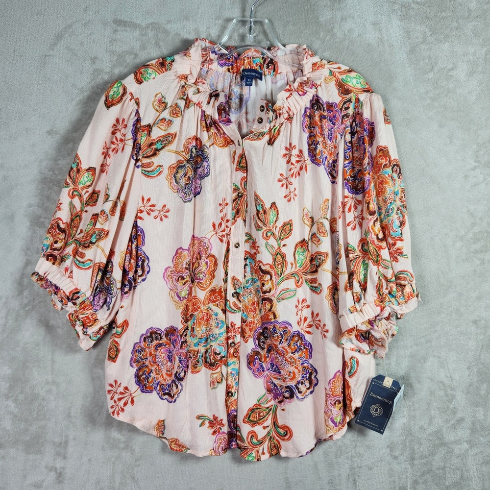Democracy Button Down Blouse Womens Plus 1X Pink Floral Boho Peasant Cottagecore